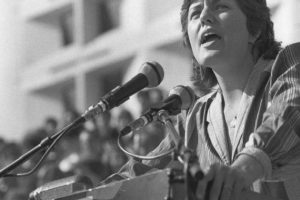 Institute for Defense and Disarmament Studies Director Randall Forsberg speaks at a nuclear freeze rally in the 1980s.
 Credit: Lionel Delevingne